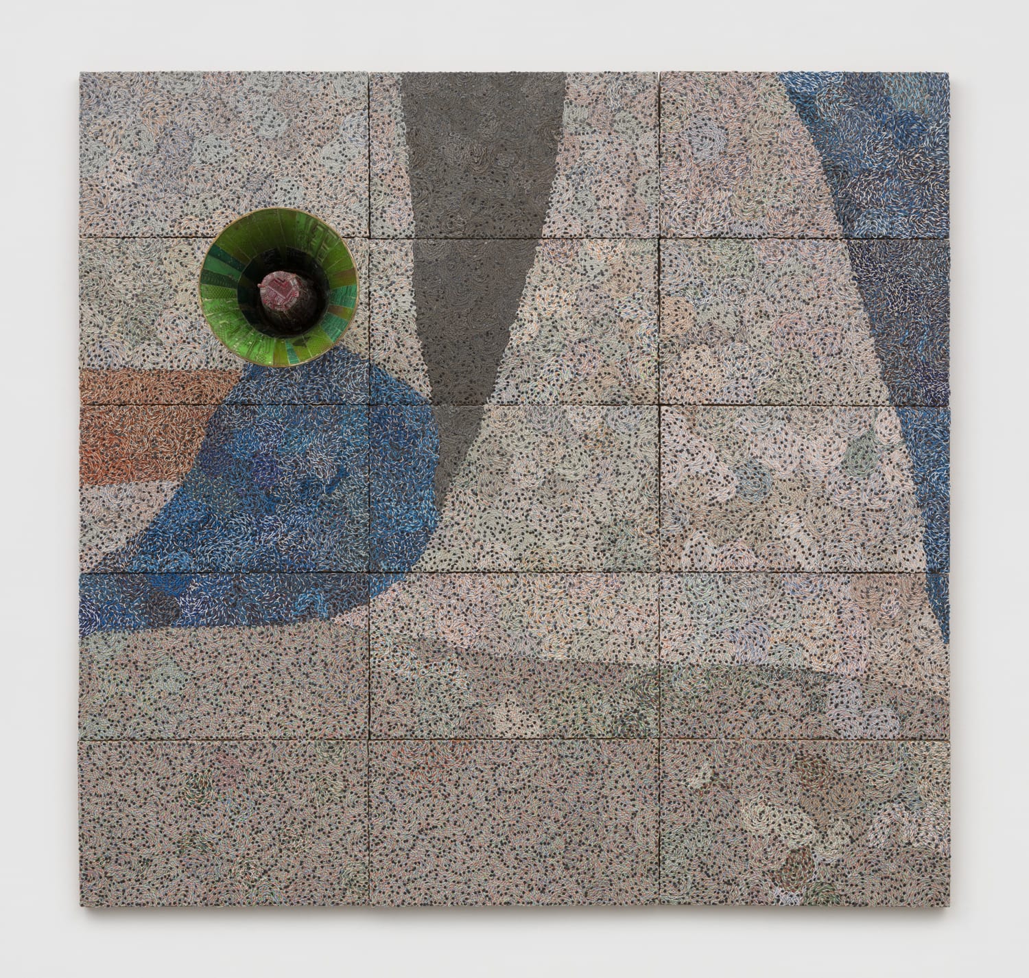 a large mixed media work using reclaimed electrical wires and components on panel, characterized by organic shapes and a protruding megaphone