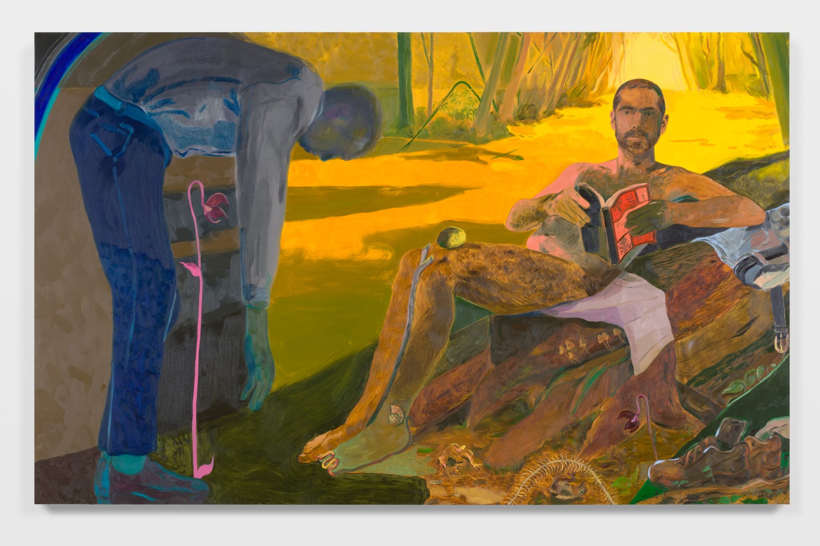 painted image of two men-- one man reading a book on a rocky formation within a glowing environment with trees poking in at the back. the other man is near the front of the image, bent over and pigmented with blue hues.