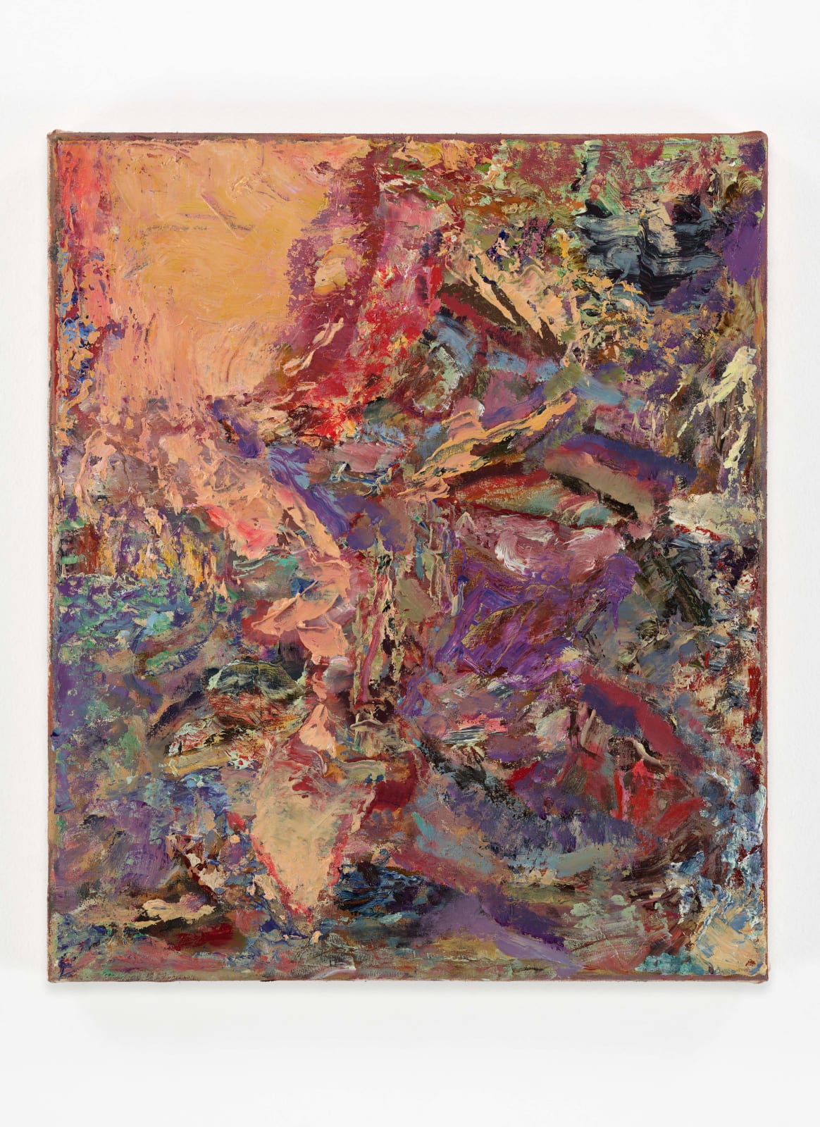 a small abstract painting colored with orange and purple and red marks