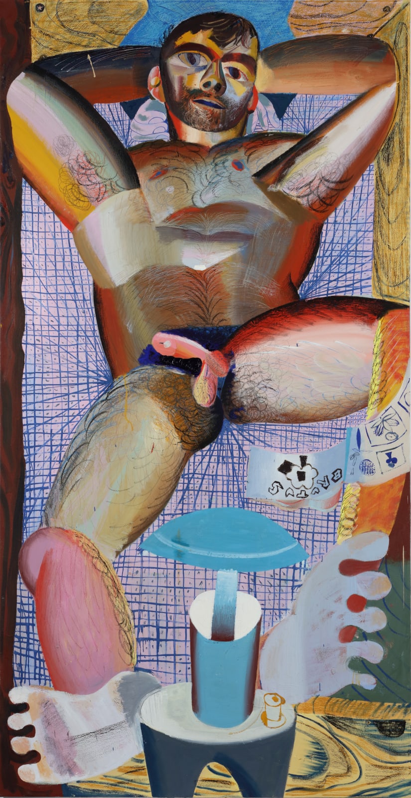 Oil and crayon on canvas of a naked man sitting relaxed on a chair