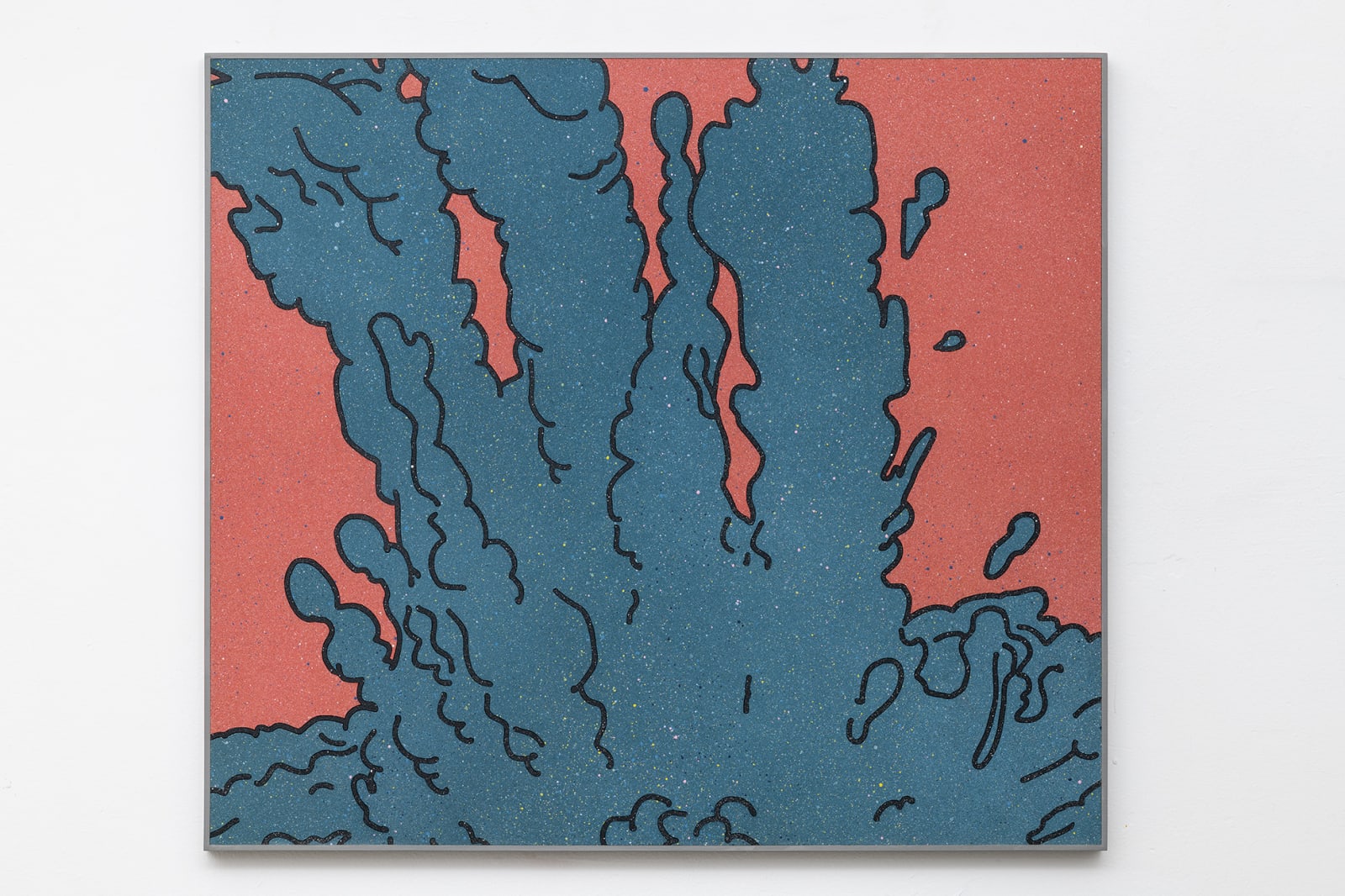 A mixed media print depicting blue water splashing underneath a red sky.