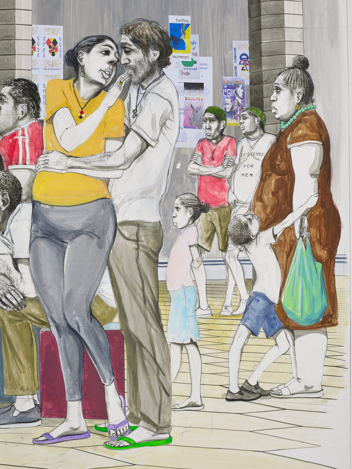 A detail of a large mixed media drawing of a side show with spectators, Onomatopoeia City Wall.