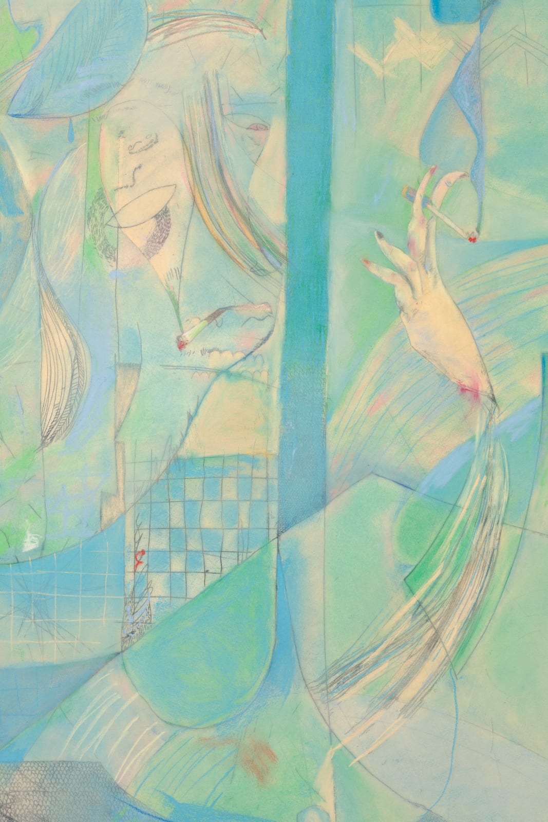 surrealistic soft green-blue etching of abstracted human figures and organic figures