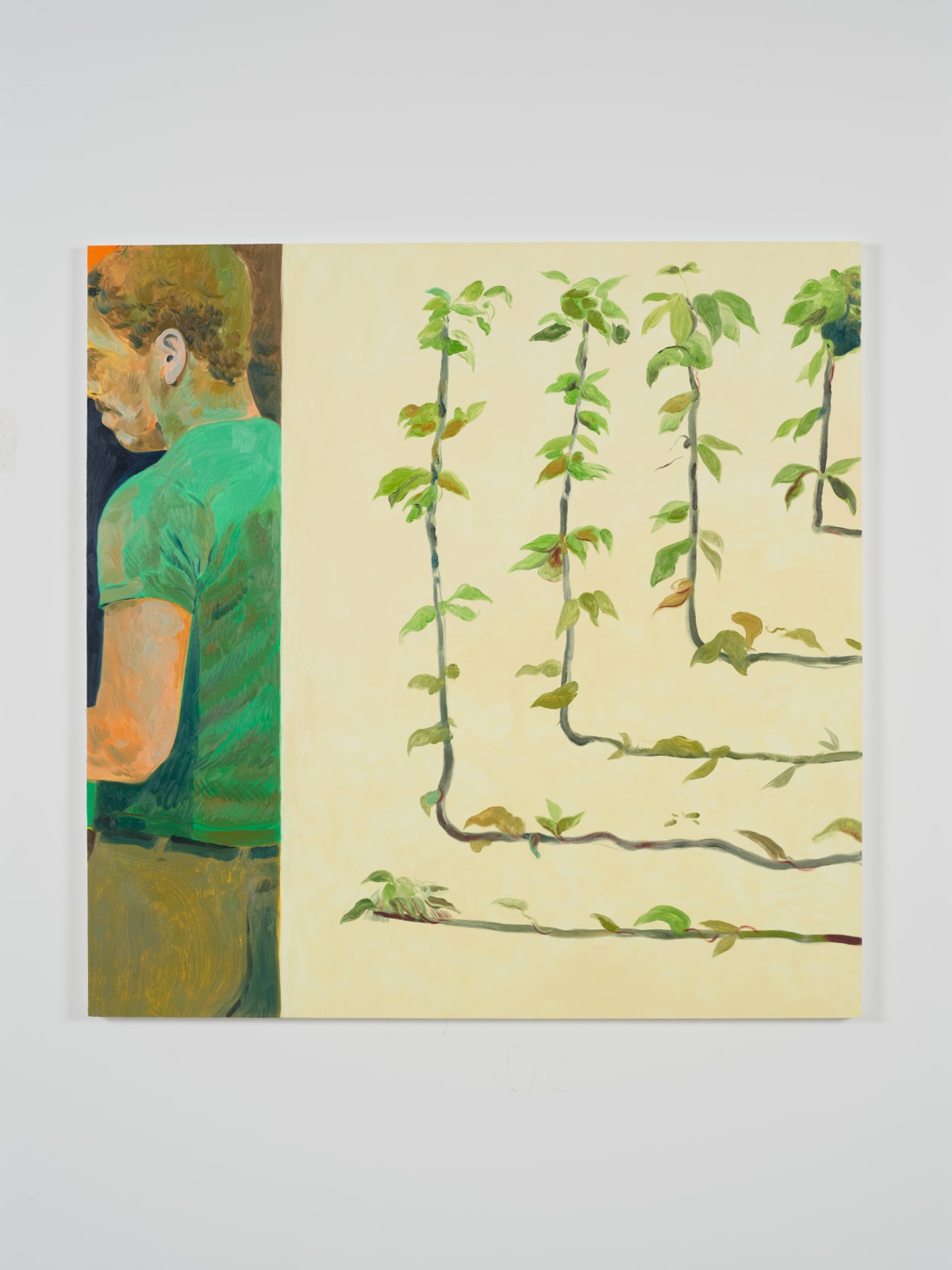 Oil on canvas depicting the side profile of a figure in a green t-shirt and vines.