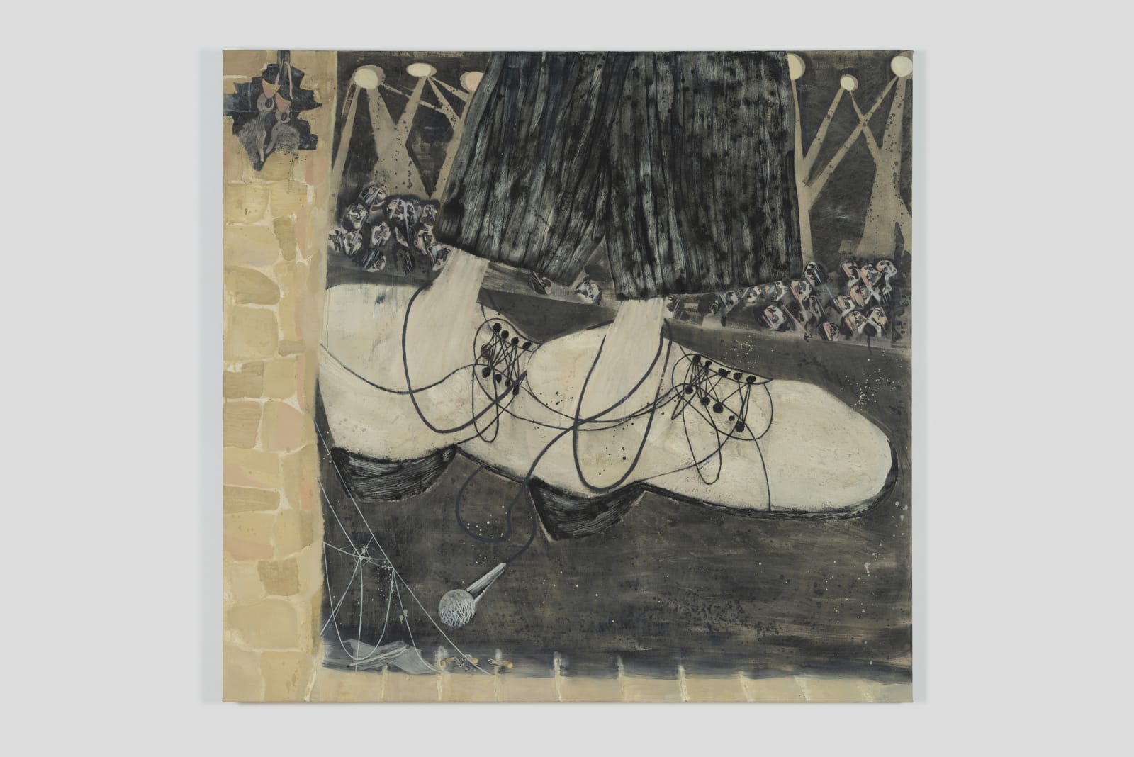 Oil on canvas of a pair of massive neutral colored sneakers