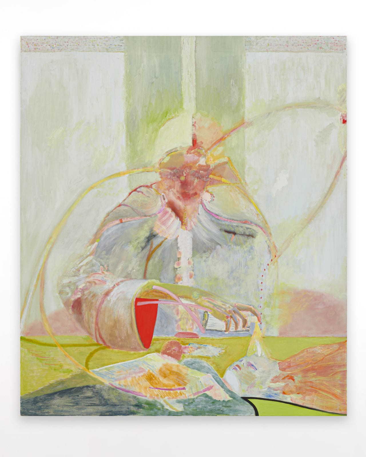 a sorcerer-like figure suspends their hand over a subject who is laying face-up on their back. ethereal swirling lines frame the ritual occurring, working in tandem with the glow of the work's soft colors.