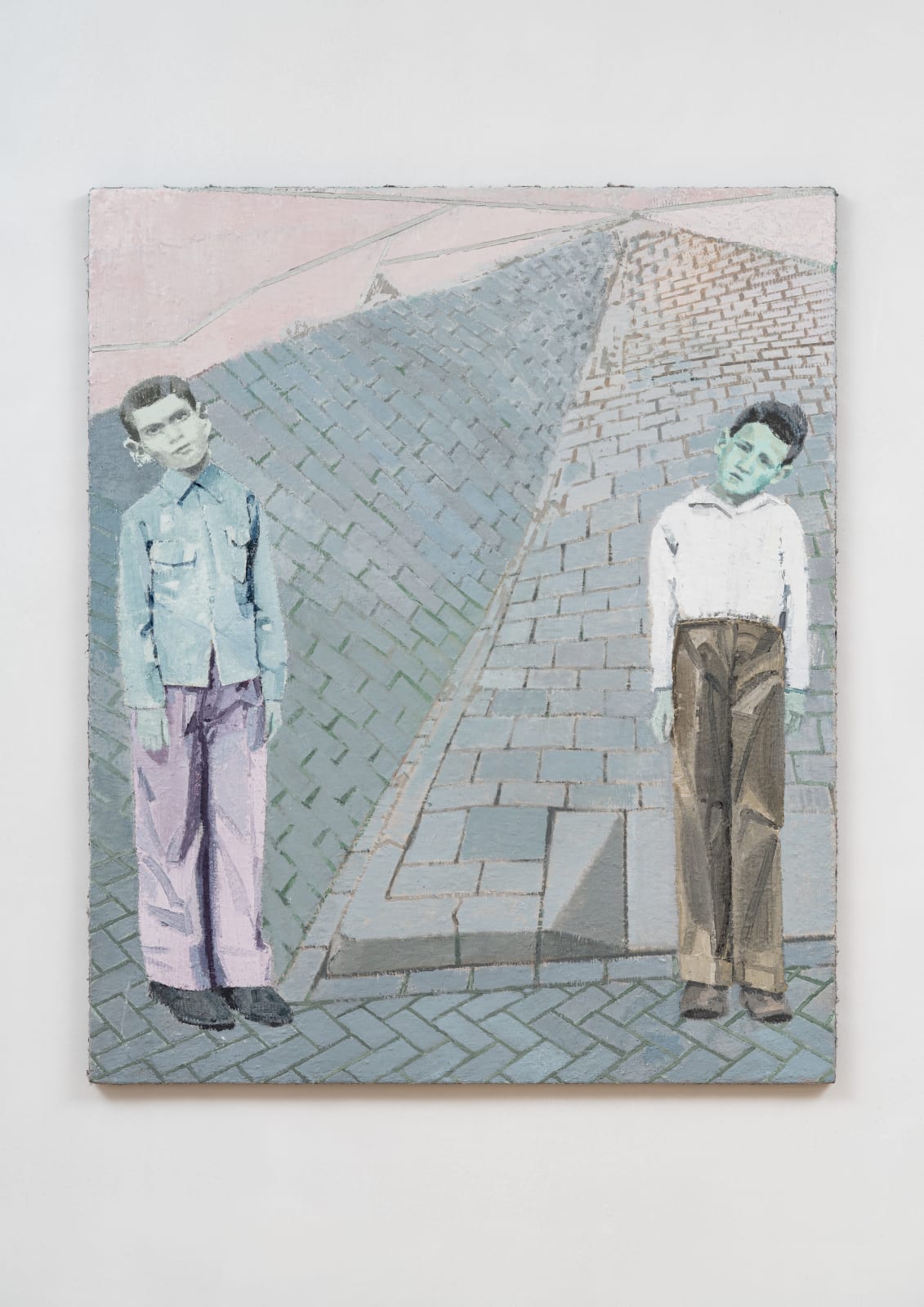 oil painting depicting two boys with their heads cocked to the side, standing in fa landscape of laid brick