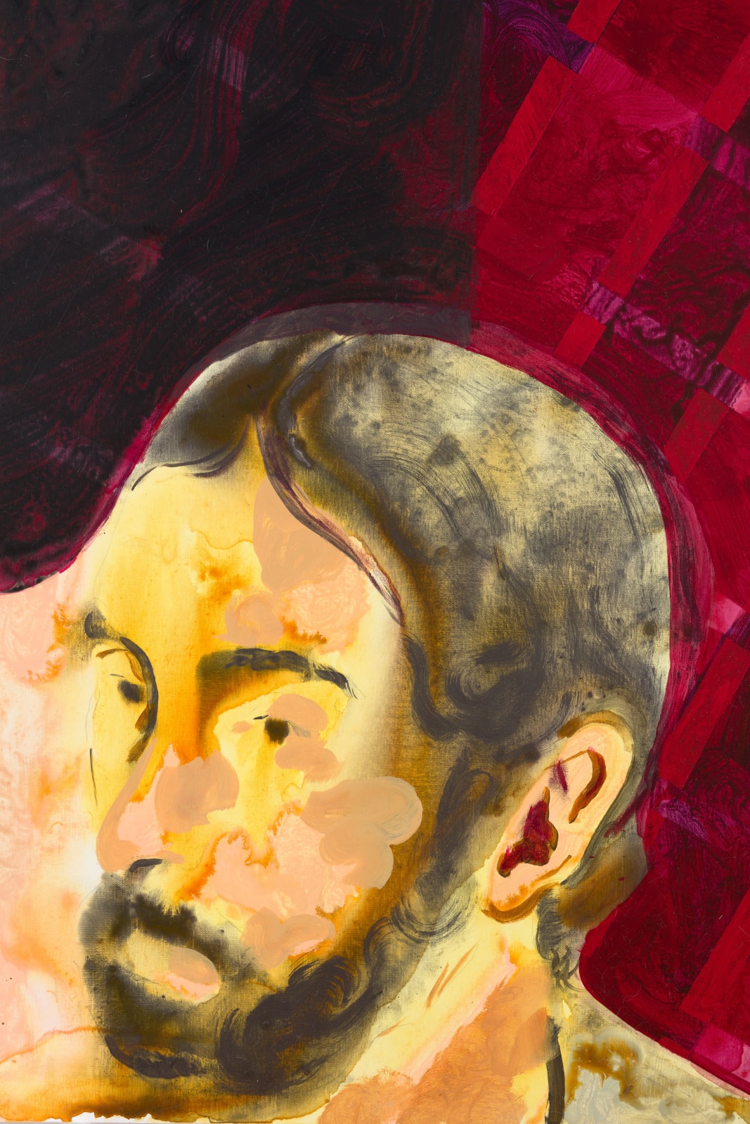 painted image with a maroon lattice pattern background topped with some overhanging green fruits which are posed above two men looking in two different directions.