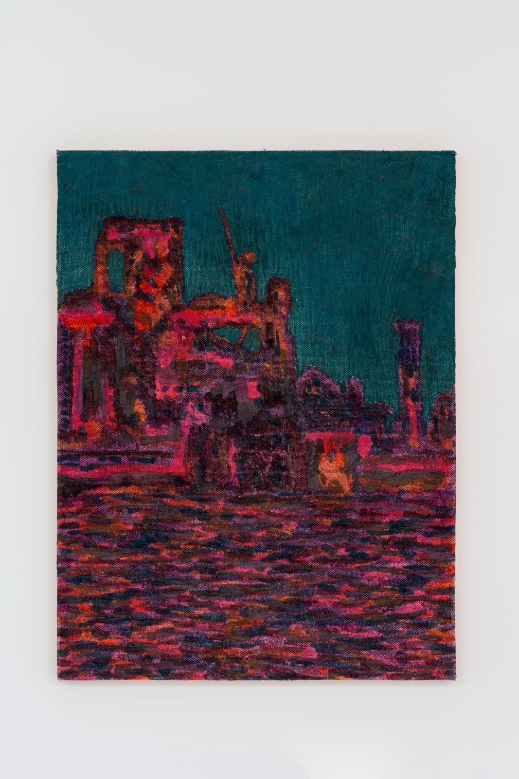 painted image of an abstracted scene of ruins colored deep turquoise and bright maroon