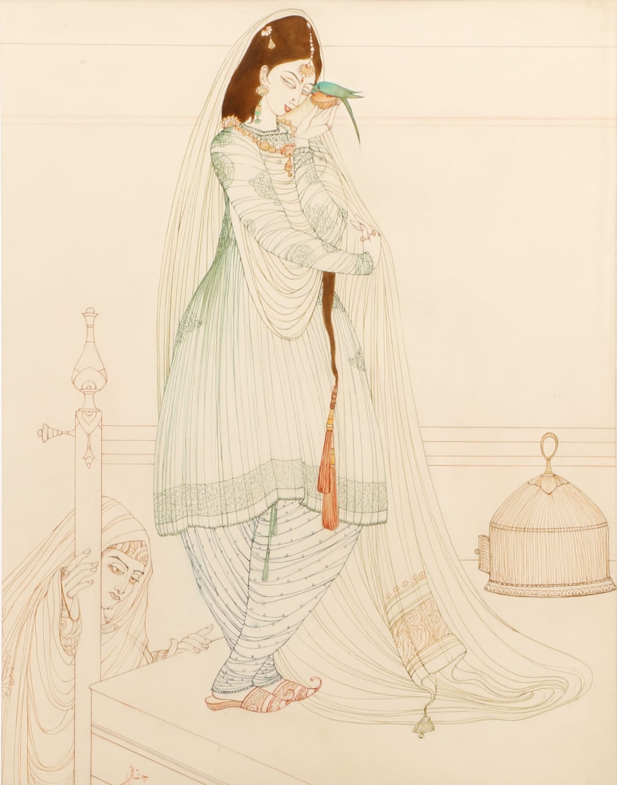 Abdur Rahman Chughtai, Maiden with a Parakeet, c.1967