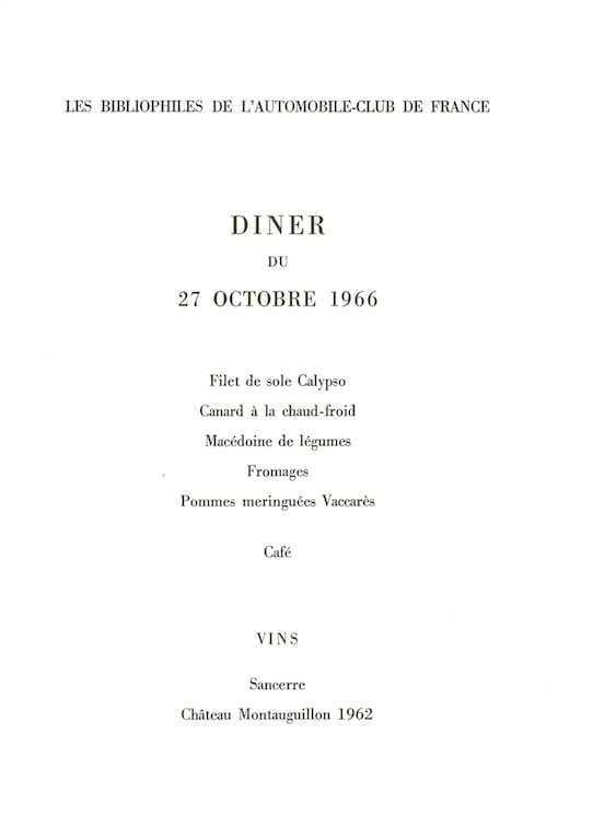 Syed Sadequain, A copy of the menu from the gala-dinner held to celebrate the publication of Albert Camus' 'L'Étranger', released by Les Bibliophiles de L'Automobile Club de France, 1966