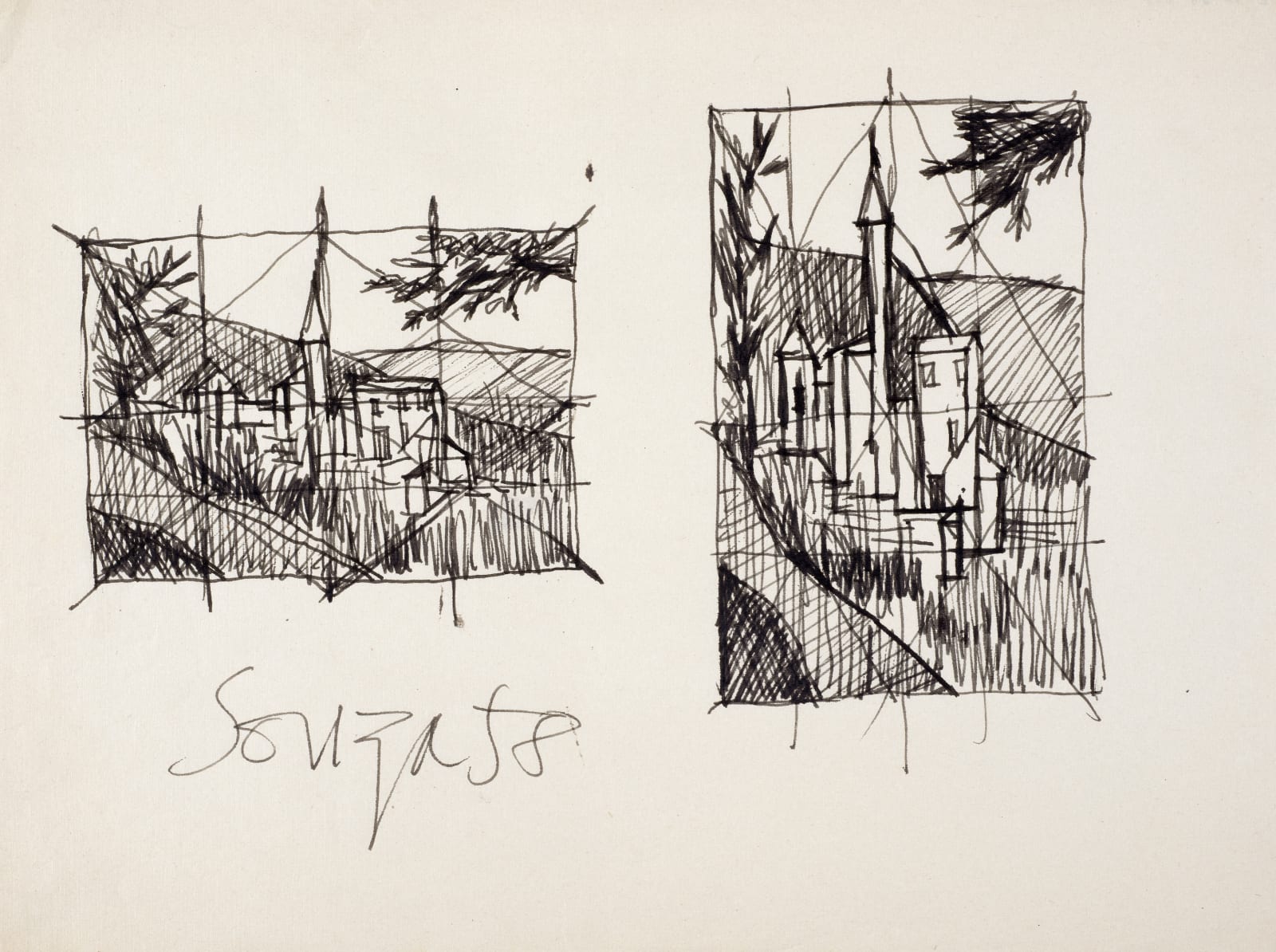 Francis Newton Souza, Untitled (Two Landscapes with Churches), 1958