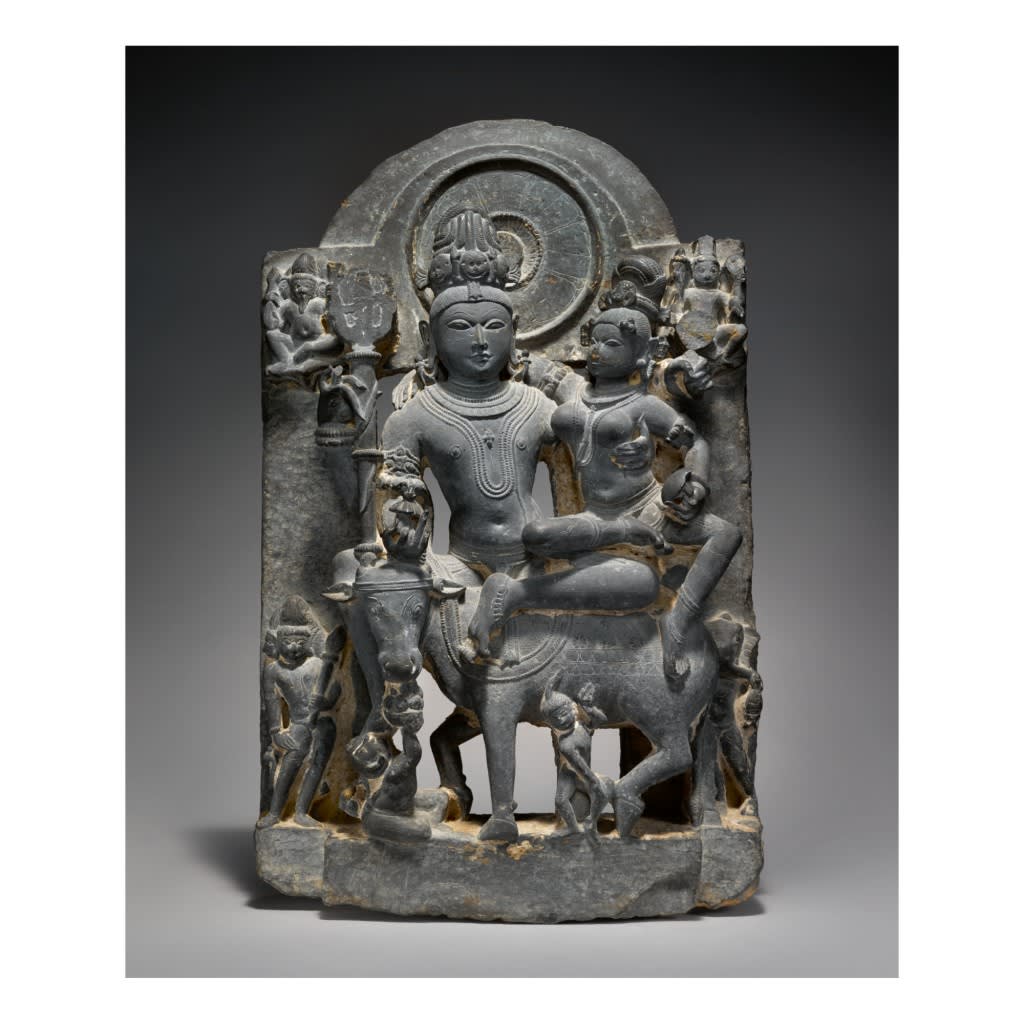 A black stone figure of Uma-Maheshvara, Western India, Haryana, 12th century