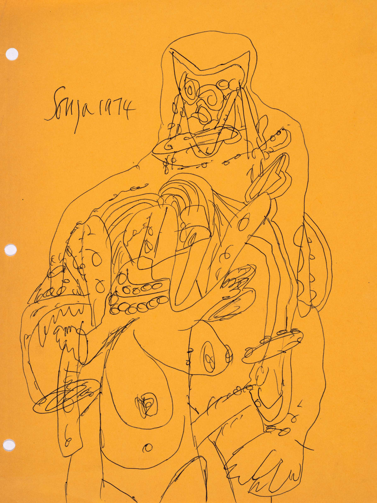 Francis Newton Souza, Untitled (Abstract figure on yellow paper) , 1974