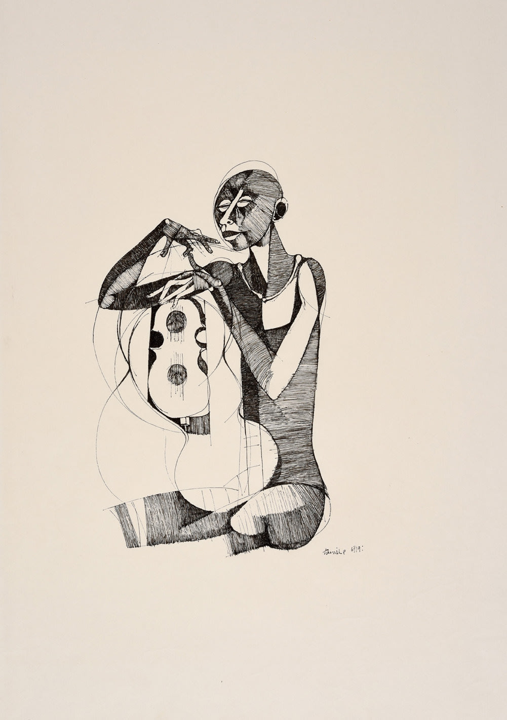 Dumile Feni, Untitled (Man and Guitar), 1969