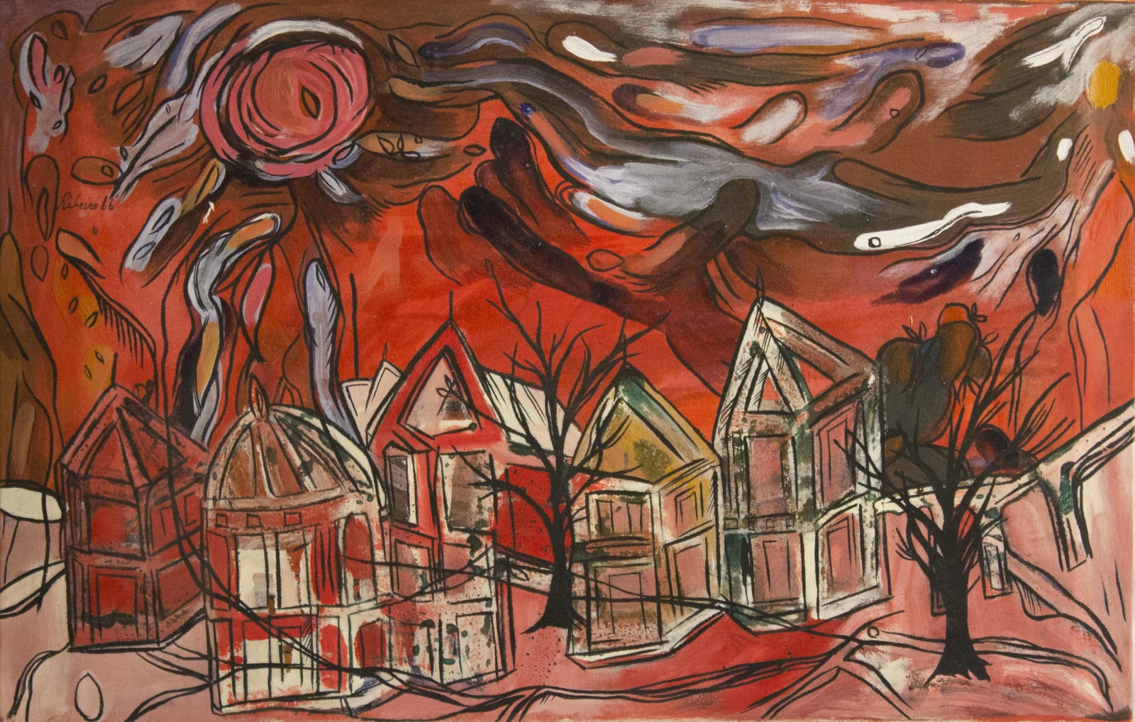 Lancelot Ribeiro, Untitled (Red Landscape with Sun and Trees), 1966