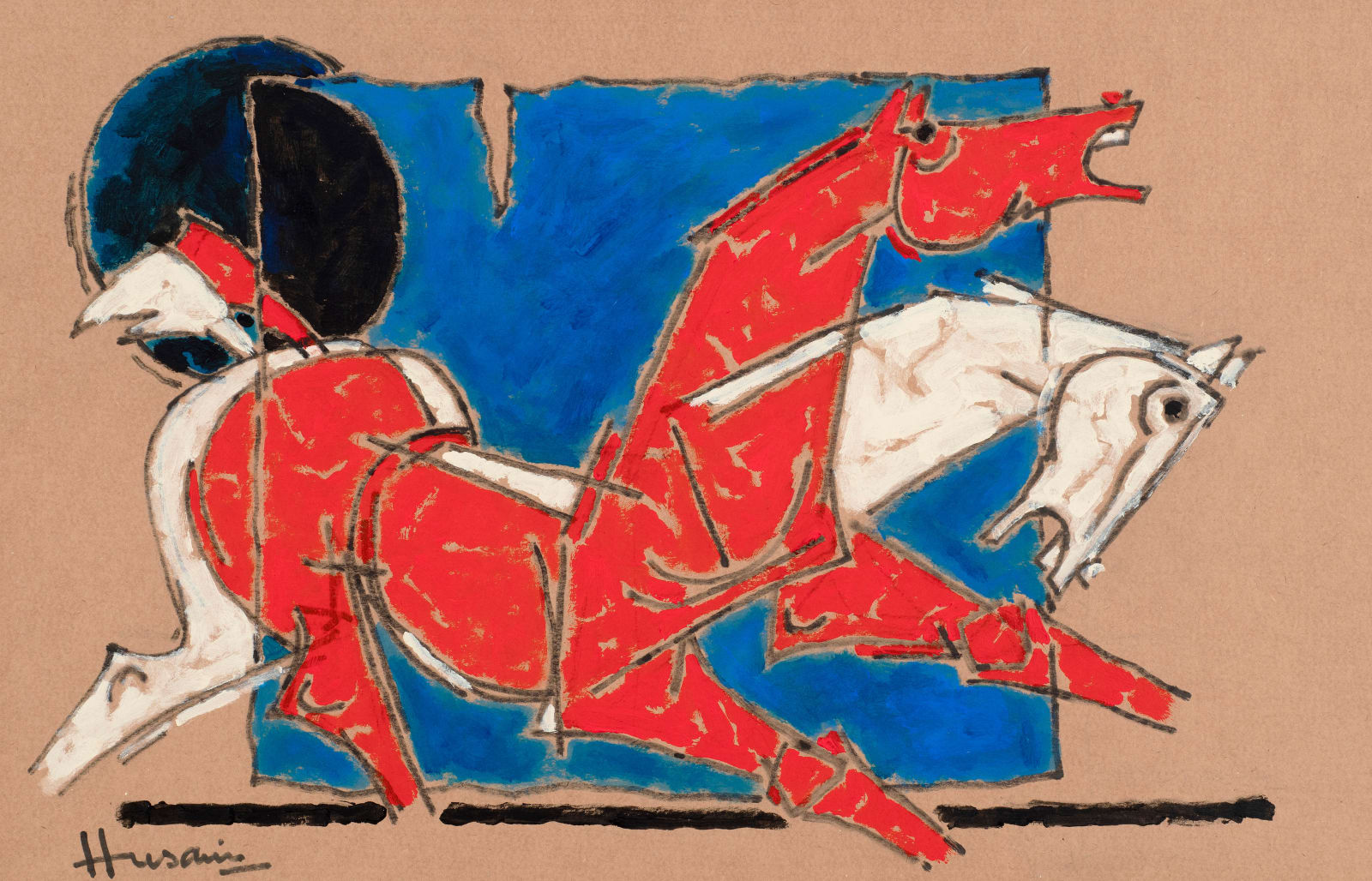 Maqbool Fida Husain, Two Horses and Setting Sun, 1991