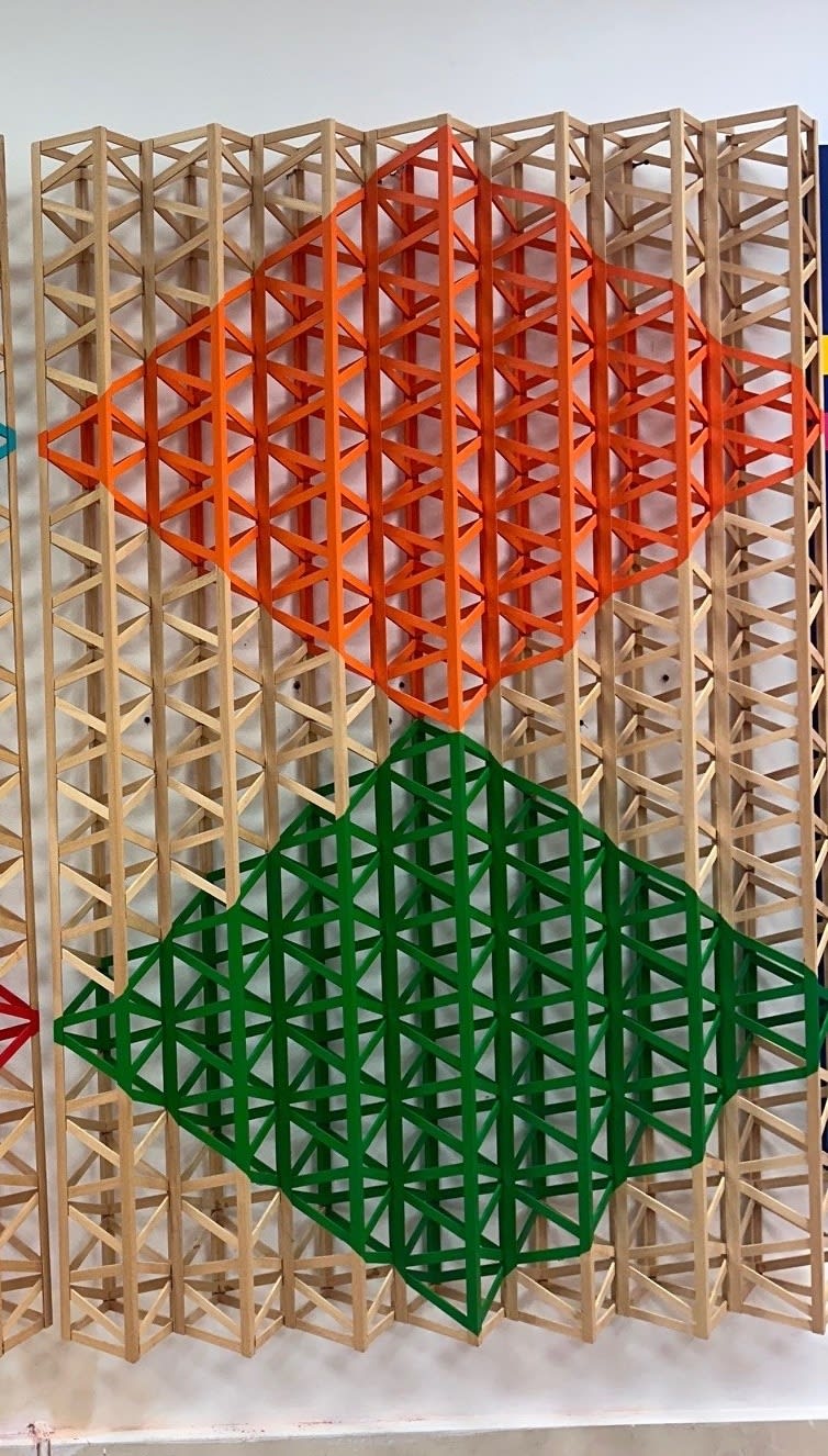 Rasheed Araeen, Vertical Structure with Two Diamonds, Orange Green , 2018