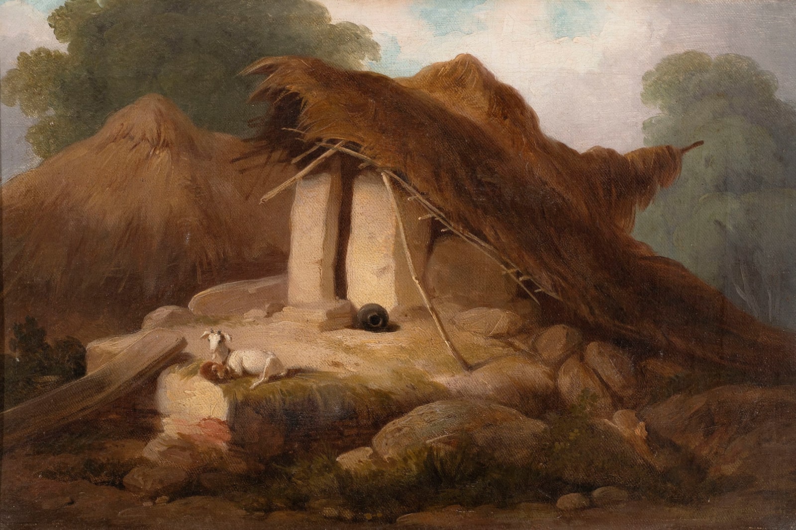 George Chinnery, Thatched dwellings with goat, Bengal