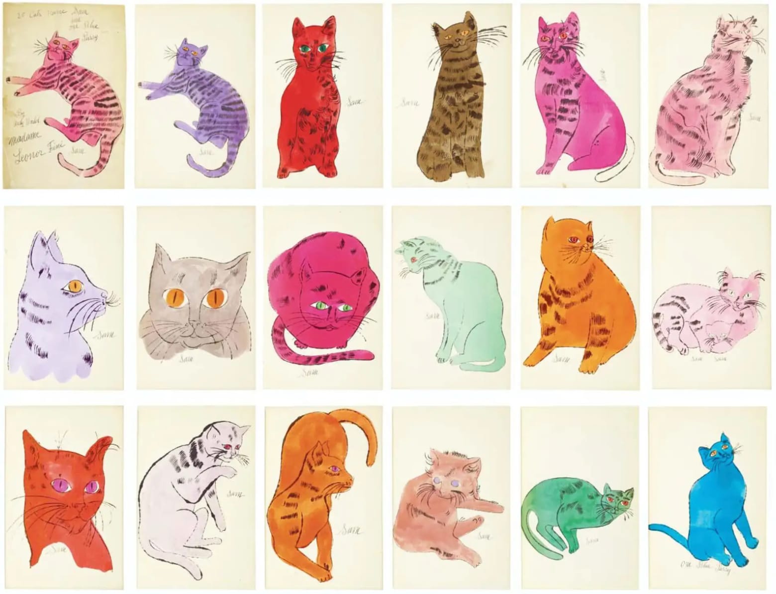 Andy Warhol, 25 Cats Named Sam F.S. IV 52A-68A, ca . 1954