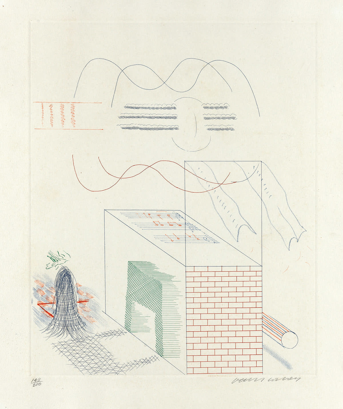 David Hockney, The Buzzing of the Blue Guitar , 1976-77