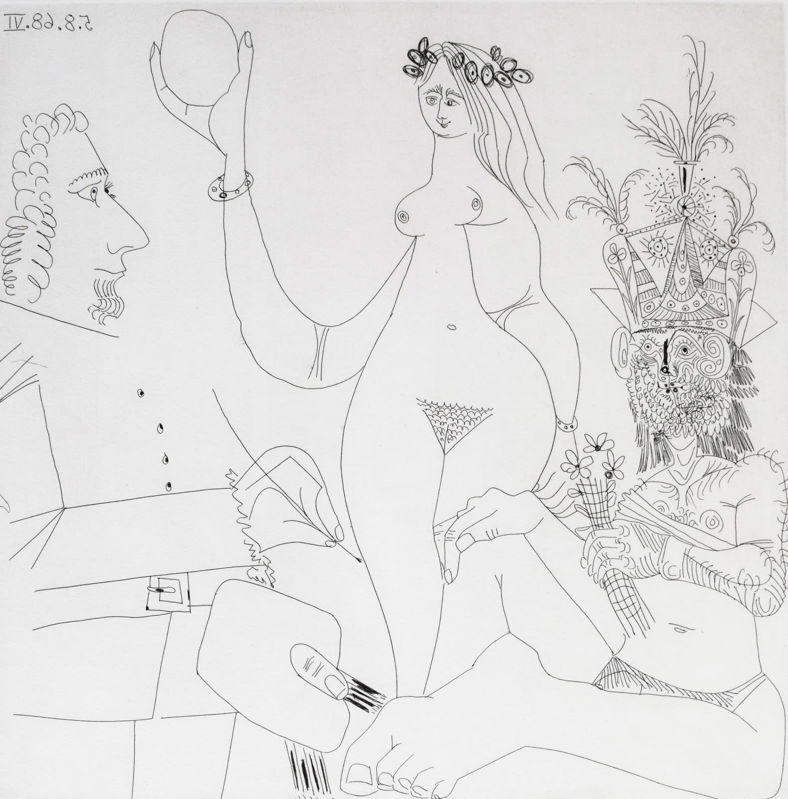 Pablo Picasso, Painter in front of one of Raphael's Three Graces, and a Woodsman in a Party Hat, 1968/69