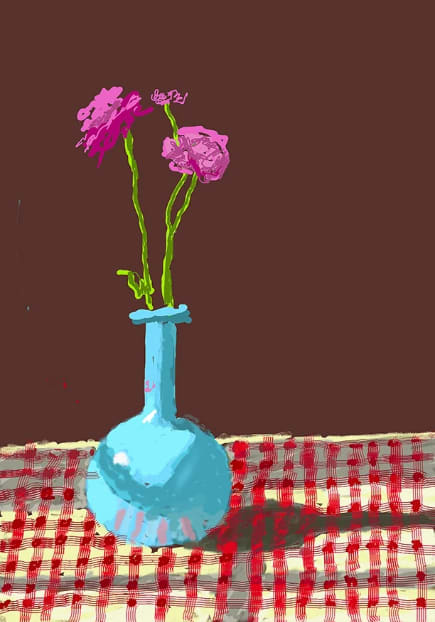 David Hockney, 28th February 2021, Roses in a Blue Vase, 2021