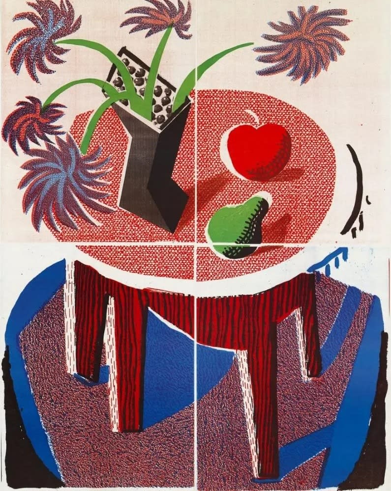 David Hockney, Flowers, Apples, and Pear on a Table , 1986
