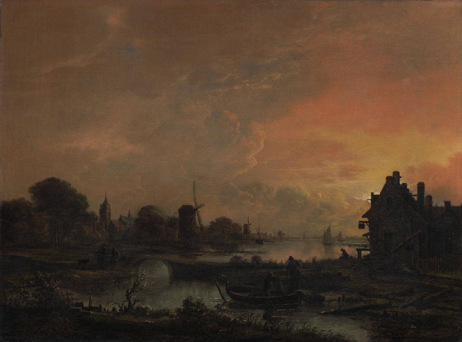 Aert van der Neer, Evening with fishermen in the foreground, 1860