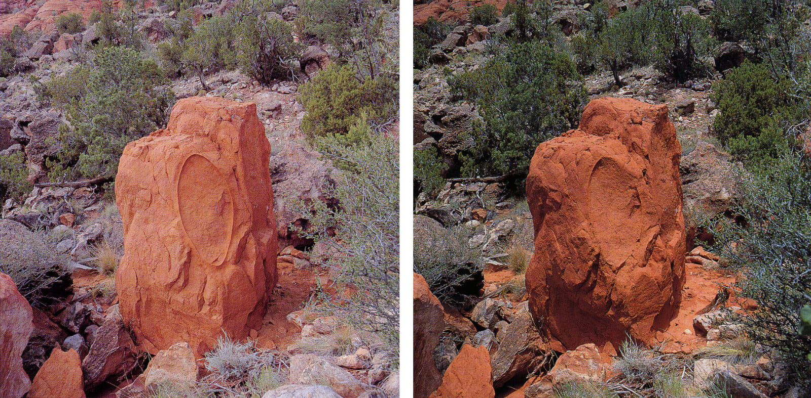 Andy Goldsworthy, Finding a form within the boulder in which to work damp sand into an edge returned several days later after rain, Jemez, New Mexico, 21 July 1999, 1999