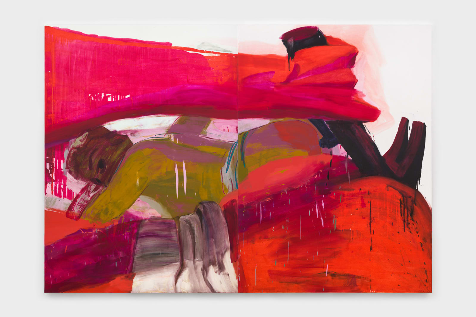 The largest piece in the show, this giant diptych burns with fiery reds and glowing magentas. In this wide, horizontal format body forms appear as a landscape against a stark white background - a hand and a hammer or a jagged mountain top and craggy rocks? The large shapes in the foreground are super fresh and transparent, a huge arm stretching across the top from left to right, holding the butt of a hammer that's being ecstatically driven into butt cheeks. Drips abound in this energetic piece, heaving with motion. Looking within the space between large arm and small of back, a face presents itself from within a shadow, smeared with reds and greens and glancing right at you. The face belongs to a curving body, mimicking her giant double, right arm raised behind her back, hammer head jammed between cheeks.