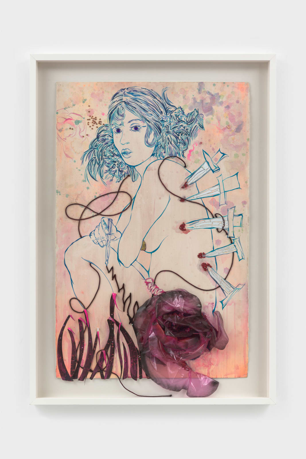A mixed media on paper presenting a female figure gazing upon the viewer with a curious look. The eyes are made of crystals and their hair flows across the top part of the piece. They hold an ink pen in the right-hand squiggling lines across the surface. Five knifes are stabbed into the body’s shoulder blades and back, revealing a small amount of blood. Towards the hip a large, threedimensional rose takes shape.