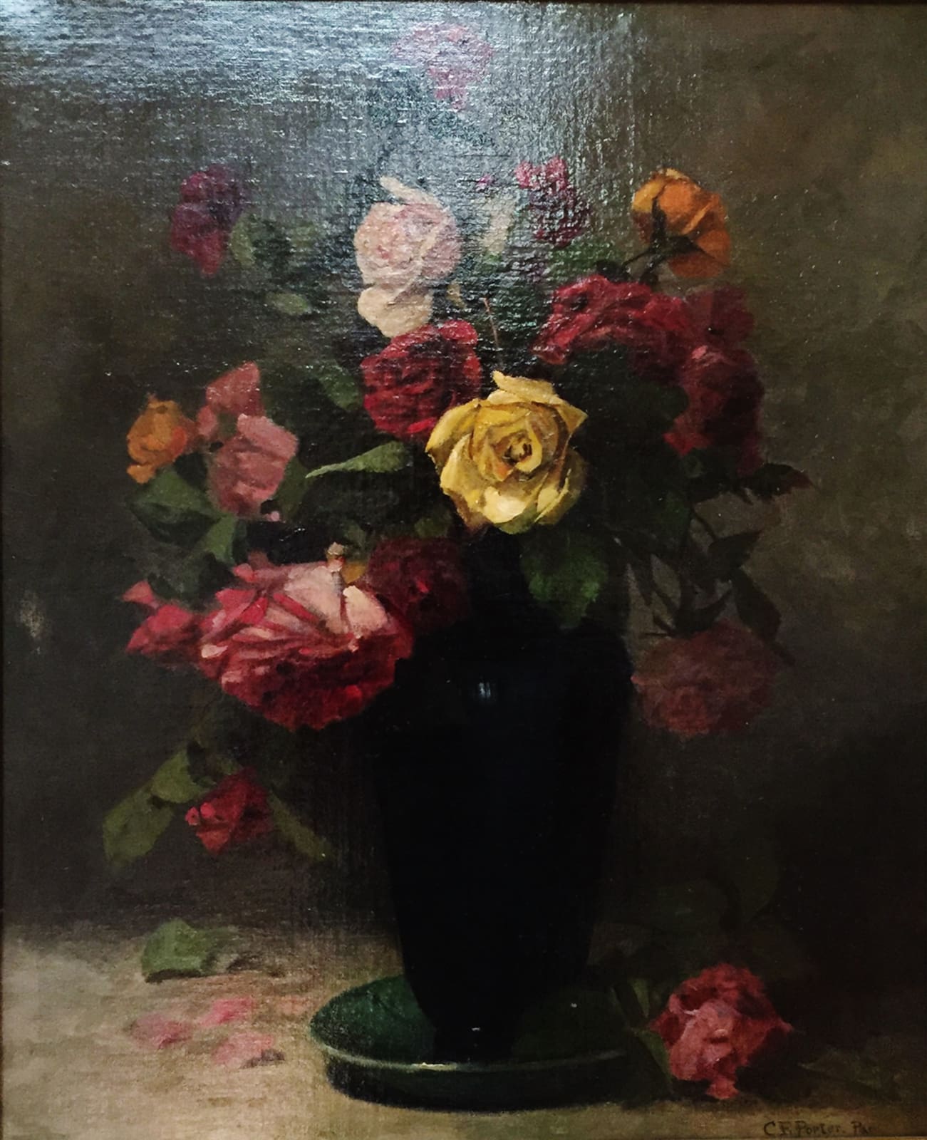Charles Ethan Porter, Untitled Still Life (Roses, yellow center rose in dark vase), c. 1910