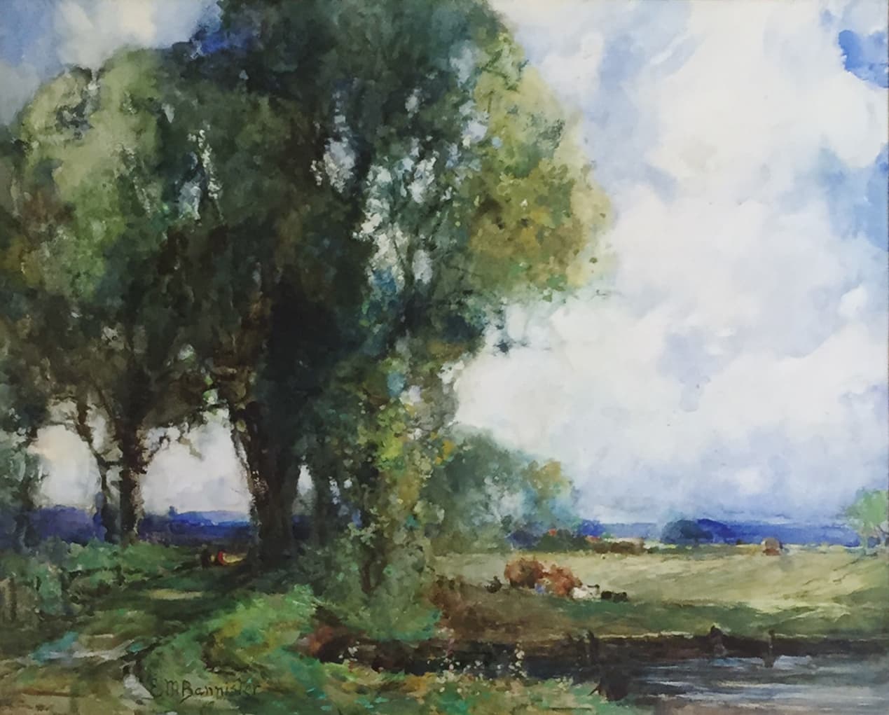 Edward Mitchell Bannister, Untitled Landscape (Pathway with two figures, trees, field, and creek), c. 1888