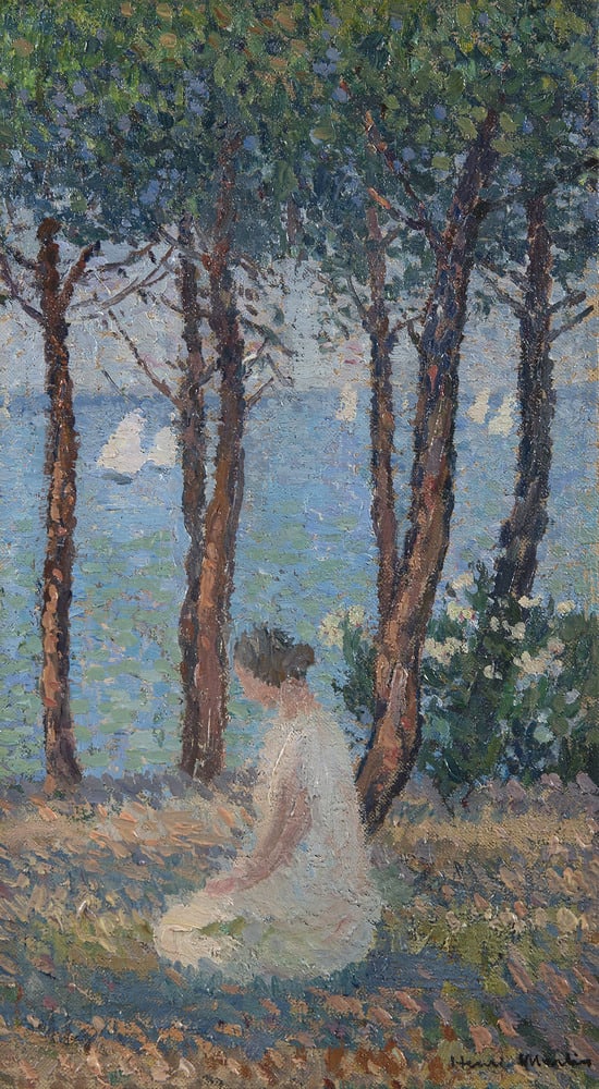 HENRI MARTIN, Jeune fille dans un parc, (Muse agenouillée sous les pins devant la mer)