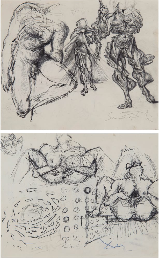SALVADOR DALI, Étude de Figures Masculines, Trois Érotiques et Étude pour le Tableau : Vitesse Maximale de la Vierge de Raphaël, circa 1952-1954