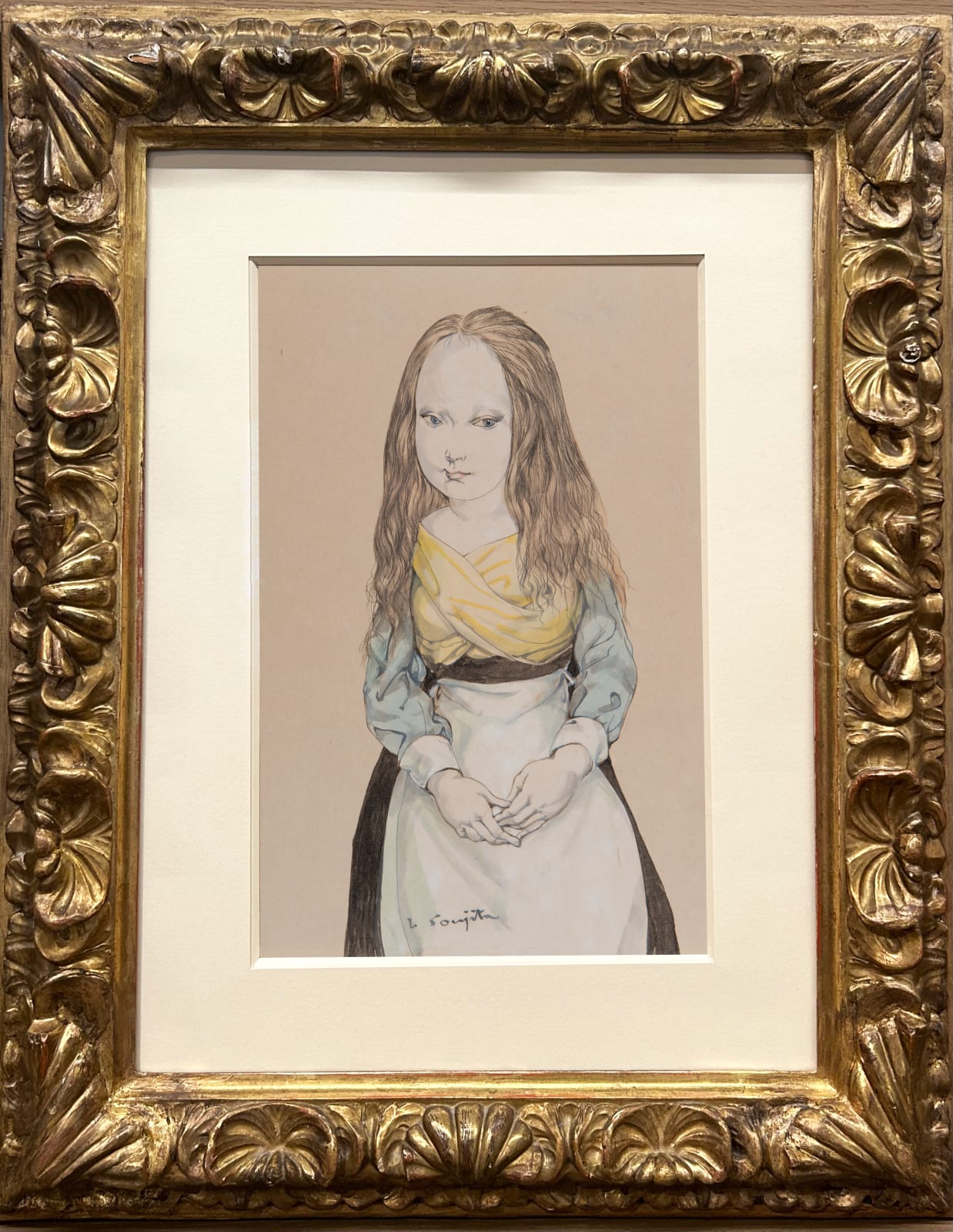 LÉONARD-TSUGUHARU FOUJITA, Jeune Fille Les Mains Jointes, Encre de Chine et lavis d'encre de Chine estompé, aquarelle sur papier.