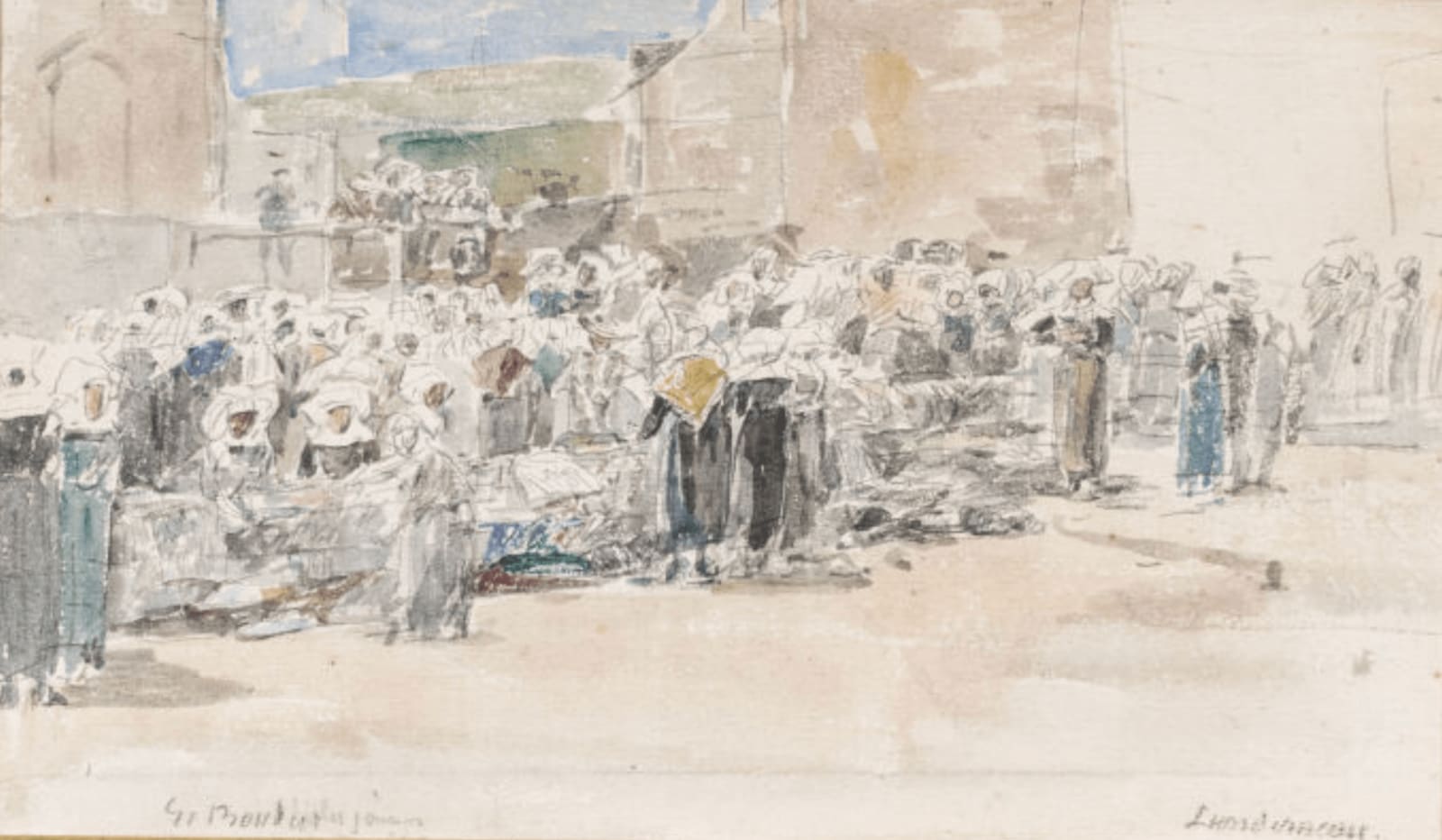 EUGÈNE BOUDIN, Le Marché De Landerneau, Graphite et aquarelle sur papier