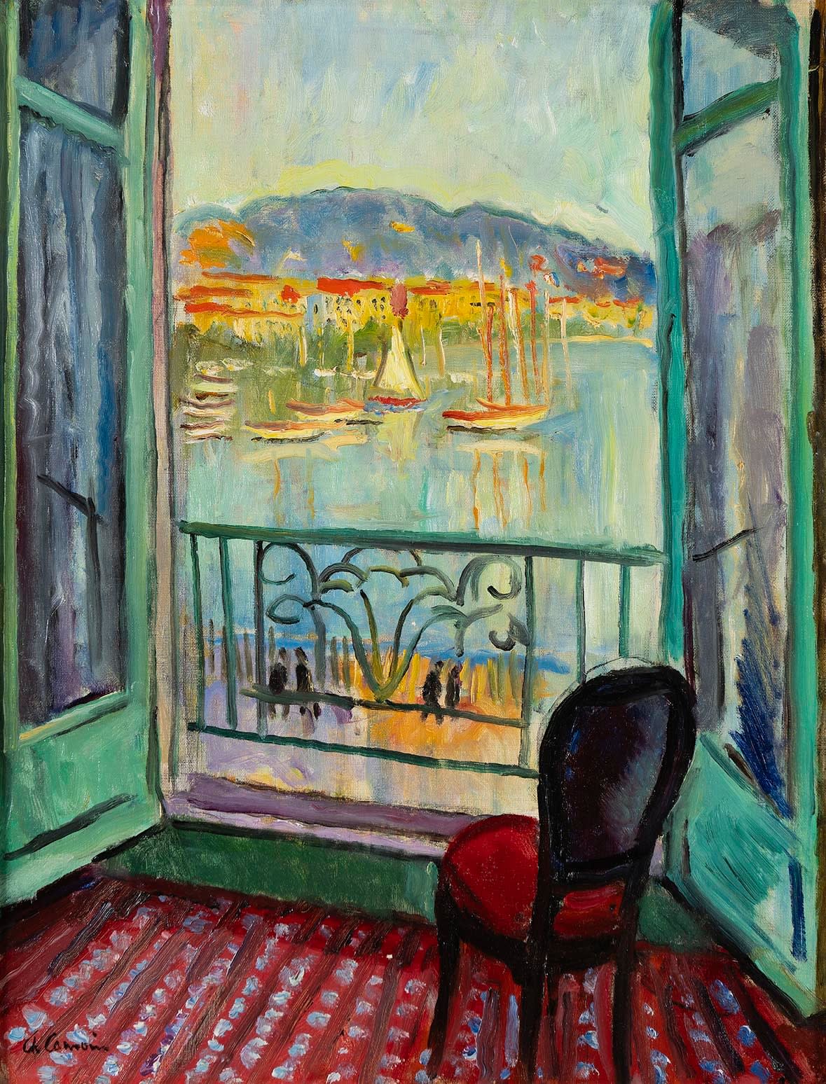 CHARLES CAMOIN: Fenêtre Sur Le Port De Cannes, 1956, Huile sur toile