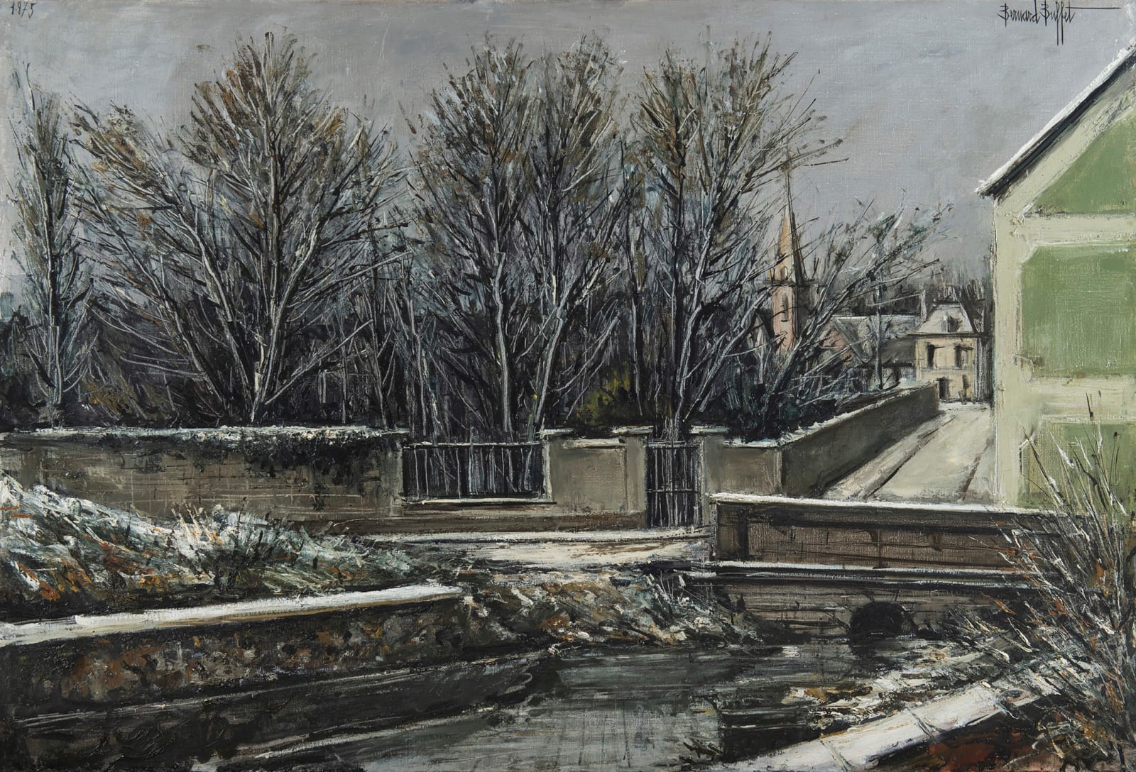 BERNARD BUFFET, Elizy, Le Vieux pont et l'église en hiver, 1975