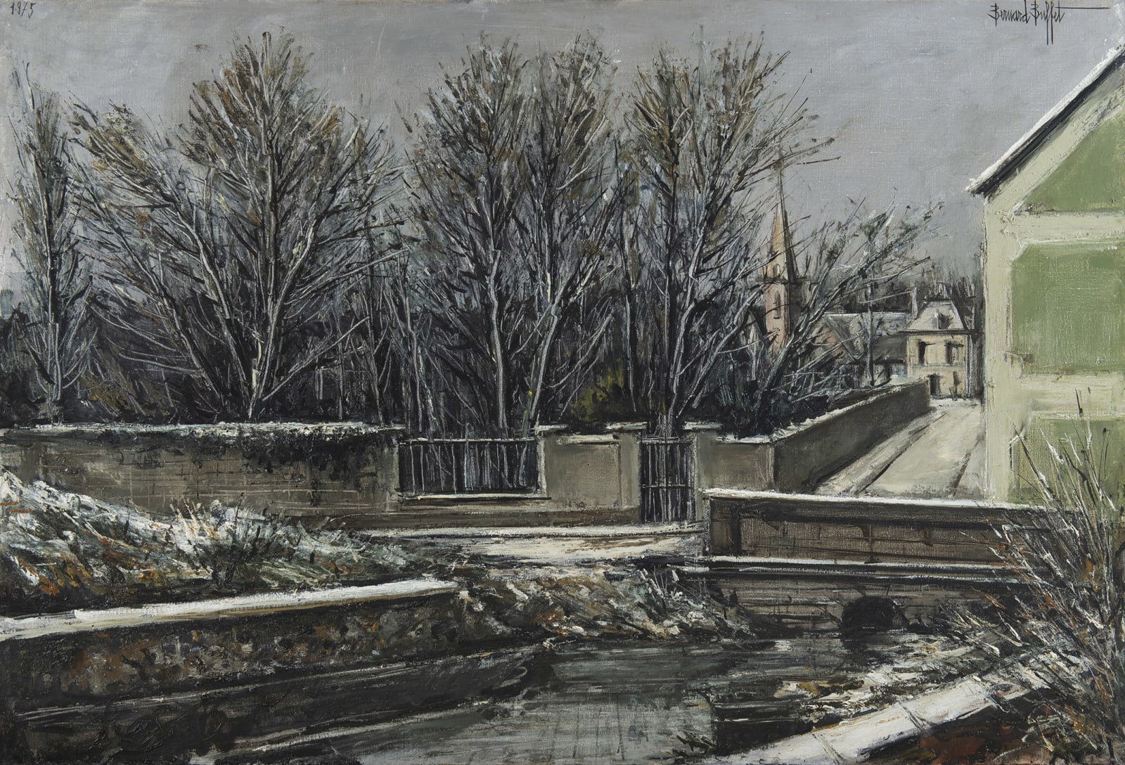 BERNARD BUFFET, Elizy, Le Vieux pont et l'église en hiver, 1975