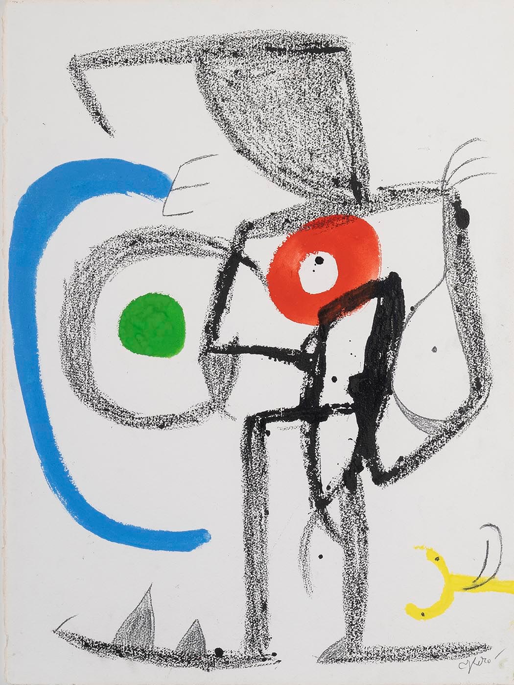 JOAN MIRO: Personnage Poursuivi Par Un Bel Oiseau Jaune, 1981, Gouache, pinceau, encre de Chine et crayon sur papier