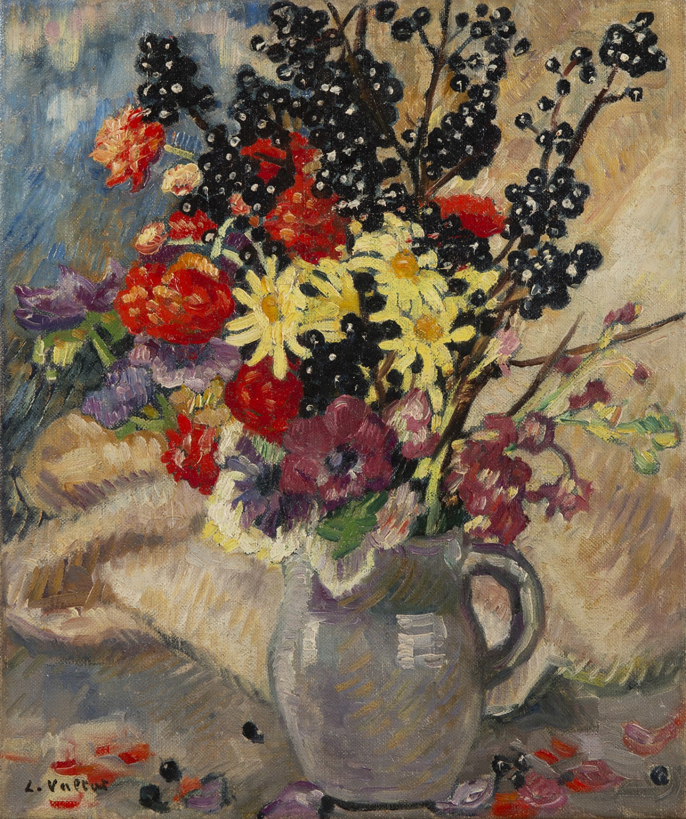 LOUIS VALTAT, Bouquet aux branches de cassissier, circa 1921