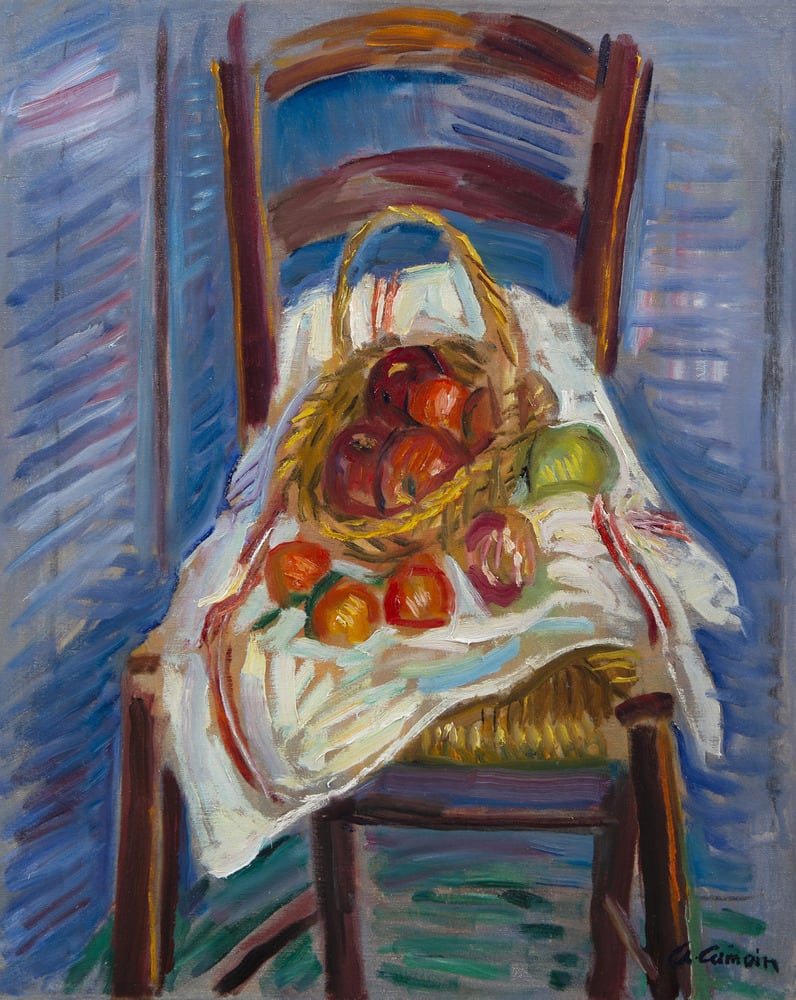 CHARLES CAMOIN, Corbeille de fruits sur une chaise, circa 1959