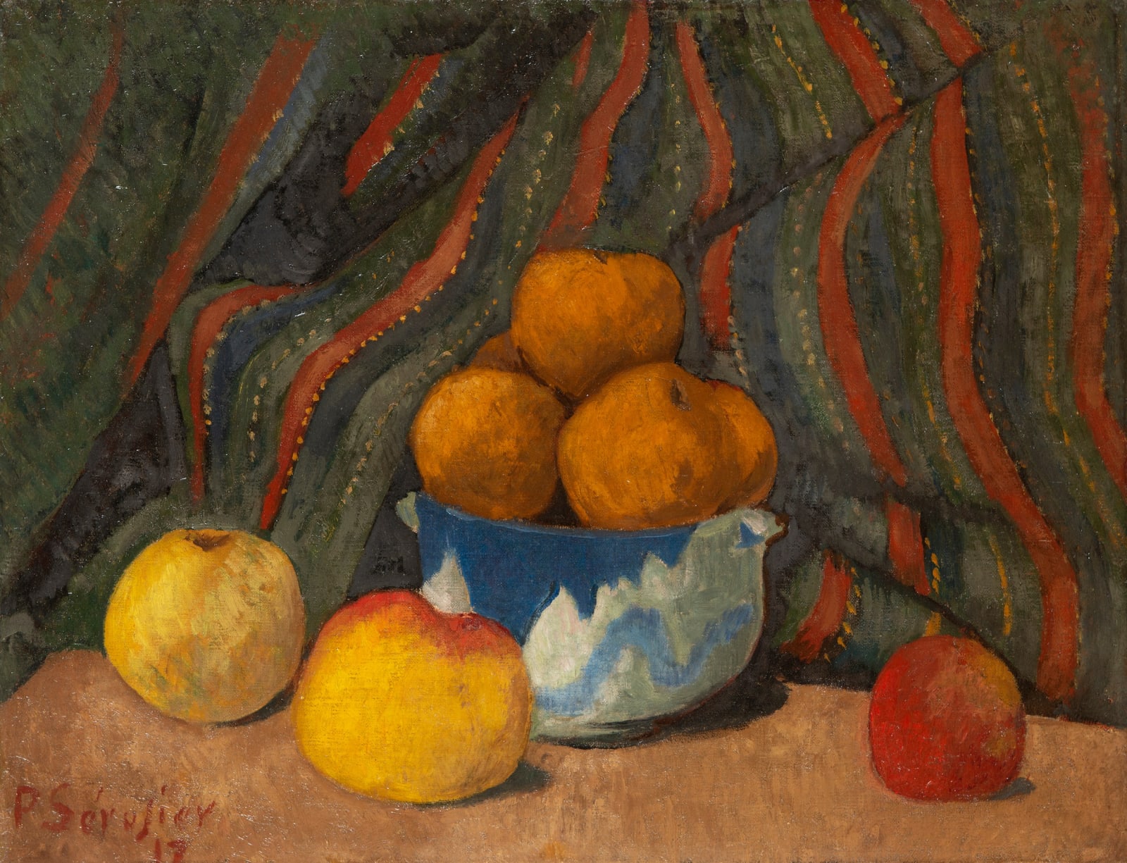 PAUL SÉRUSIER, Nature morte aux pommes sur fond de tenture rayée, 1912