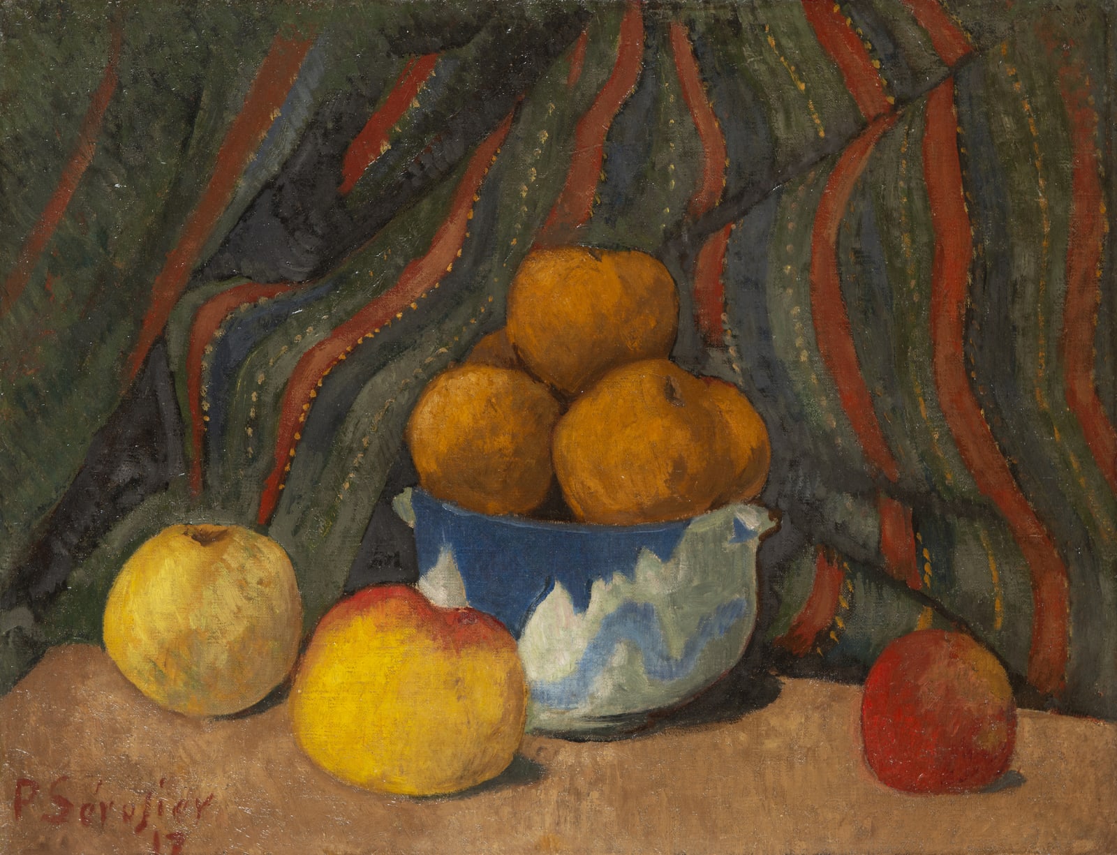 PAUL SÉRUSIER, Nature morte aux pommes sur fond de tenture rayée, 1912