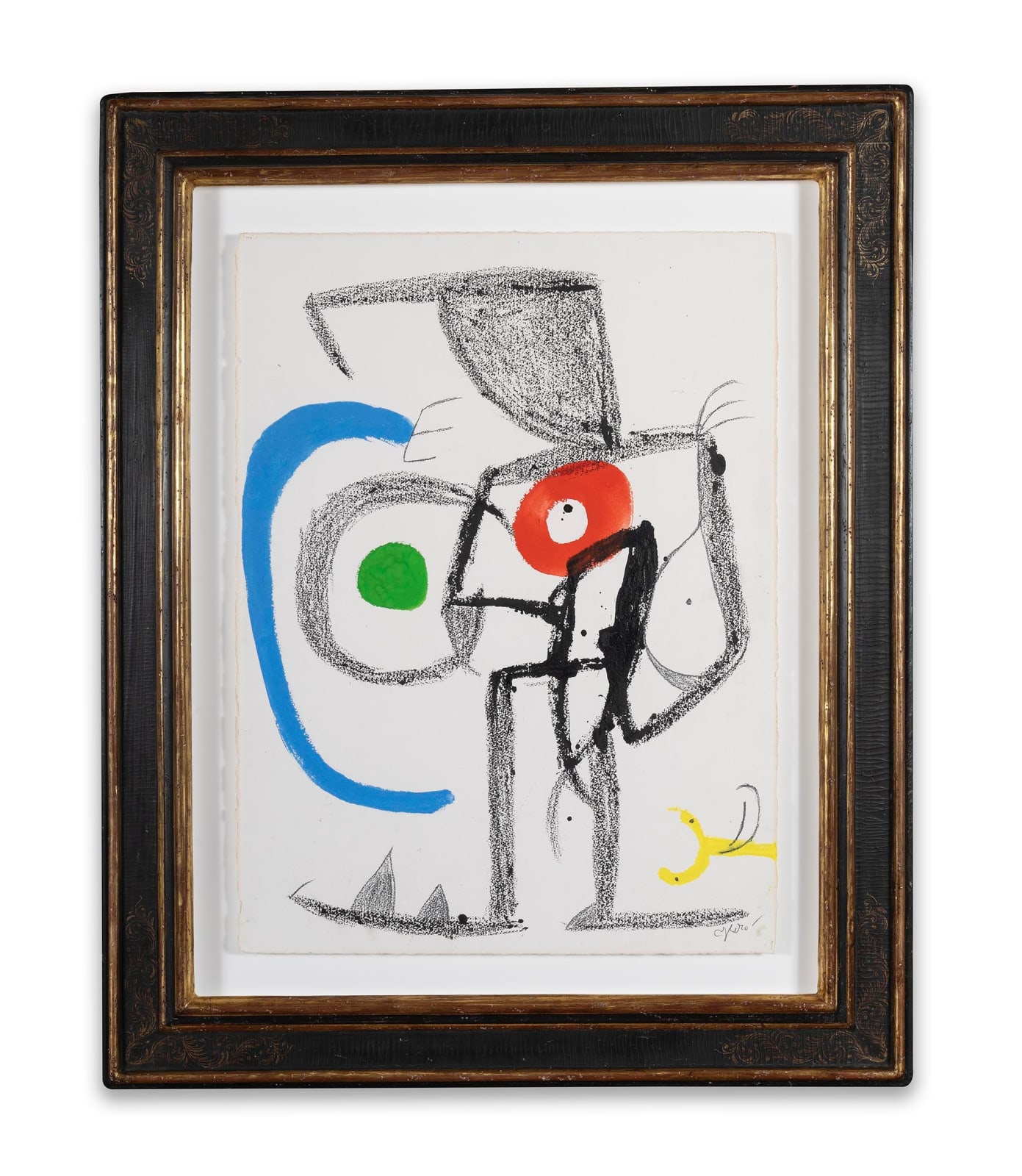 JOAN MIRO: Personnage Poursuivi Par Un Bel Oiseau Jaune, 1981, Gouache, pinceau, encre de Chine et crayon sur papier