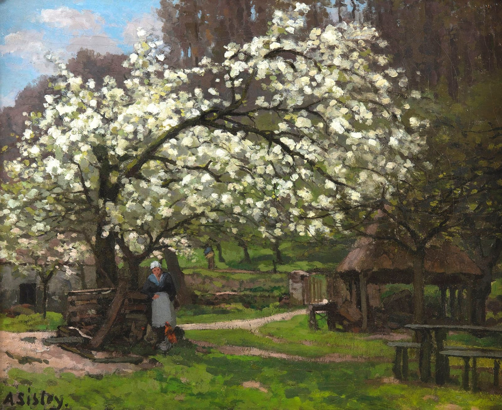 ALFRED SISLEY, Printemps, Paysanne Sous les Arbres en Fleurs, circa 1865-1868, Huile sur toile d'origine Tampon Haro Fils au dos de la toile