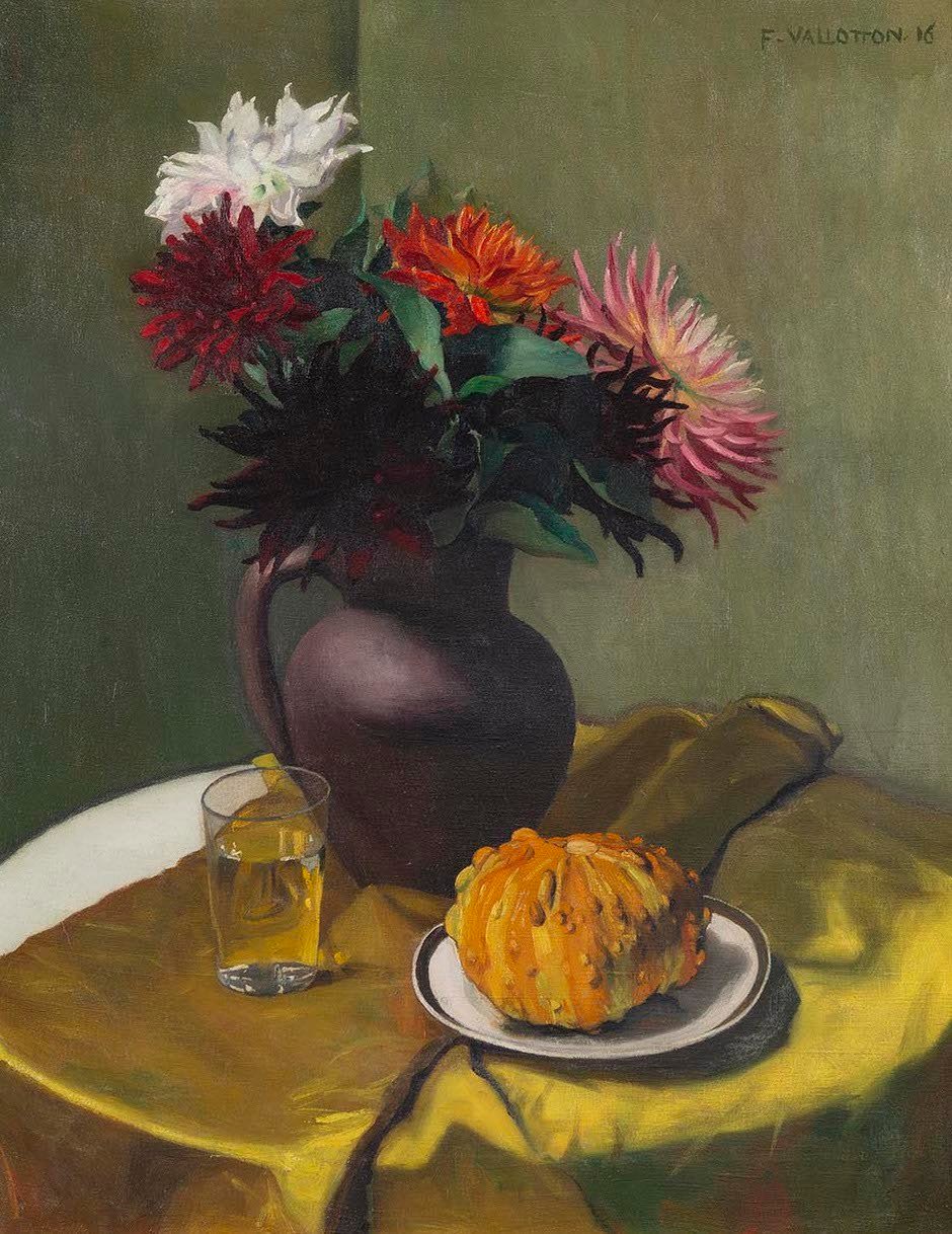 FÉLIX VALLOTTON: Dahlias Et Courge, 1916, huile sur toile