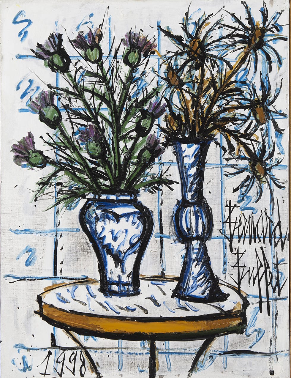 BERNARD BUFFET, Vases de fleurs sur un guéridon, 1998